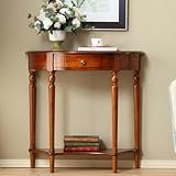 Moderno tavolino a mezzaluna in legno con cassetto stretto per ingresso e divano per soggiorno, corridoio e ingresso (teak 80 x 35 x 80 cm)