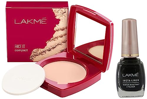 Image of LAKME Insta Matte Finish Eye Liner, Black, Water Resistant, Long-Lasting Liquid, 9Ml & Face It Compact, Pearl, 9G