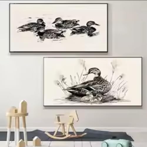 Affiche vintage canard colvert decoration murale salon cadre noir et blanc toile