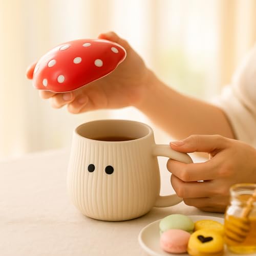Image of The Deluxe Creations Ceramic Coffee Mug with Lid - Set of 2, 200ml Each - Cute Mushroom Mug for Coffee & Tea, Microwave & Dishwasher Safe, Gift for Christmas & New Year, Office & Home