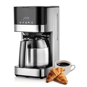 Edelstahl Kaffeemaschine mit timer, 24H programmierbar, LED Display, Warmhalteplatte, Abschaltautomatik, Tropfstopp, 900W, Filterkaffeemaschine mit Thermokaraffe, 10 Tassen, 1 Liter