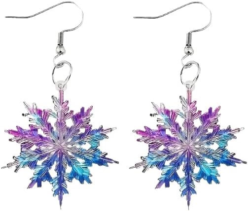 Blue Purple Snowflake Acrylic Dangling Hook Christmas Earrings for Women Lightweight Statement Ice Flower Dangle Drop Earring Winter Xmas Party Festival Jewelry Gift Accessories