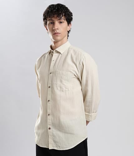 Image of TURMS Men's Casual Striped Linen Shirt | Water Repellent | Anti Stain Anti Odor | Kansas Linen | Concealed Button Down Collar | Full Sleeves