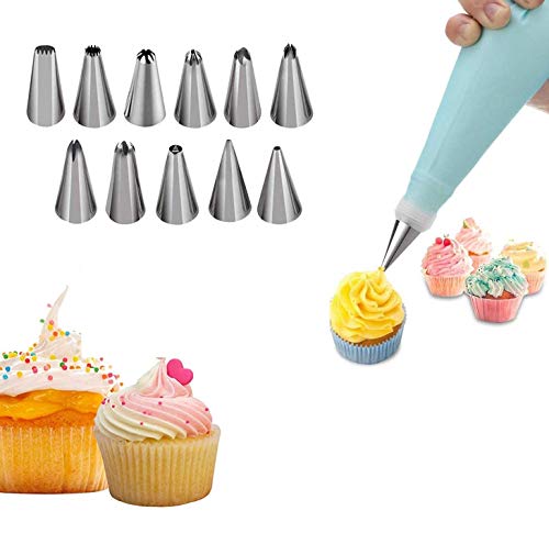 Image of Lukzer 12 Pcs Cake Decorating Nozzles Set with Reusable Icing Bag & Coupler | Stainless Steel Piping Tips for Cake, Cupcake, Pastry, Cookies, Dessert & Bakery Decoration