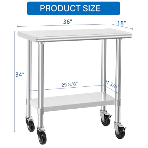 Image of HARDURA Stainless Steel Commercial Table Prep & Work Table with Casters Heavy Duty Metal Table with Wheels NSF 430 18x36 Inches