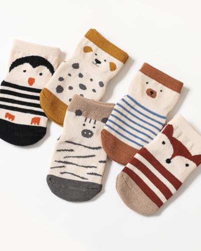Kyopp 5 Paar Socken Baby Kleinkinder Rutschfeste Stoppersocken Tiermotive Baumwolle ABS Crew Socks