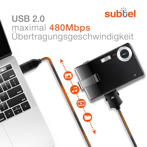 subtel USB Kabel 1.5m kompatibel mit Samsung YP-K3 YP-K5 YP-P2 YP-P3 YP-Q1 YP-Q3 YP-R1 YP-S3 YP-S5 YP-T10 YP-T9 MP3 Musik Player Ladekabel SUC-C2 24 Pin auf USB A 2.0 Datenkabel schwarz PVC