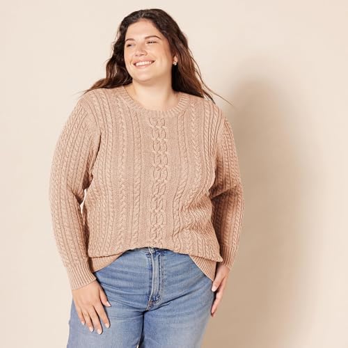 Image of Amazon Essentials Women's Regular Fit Soft Cotton Cable Knit Ribbed Crewneck Sweater (Available in Plus Size)