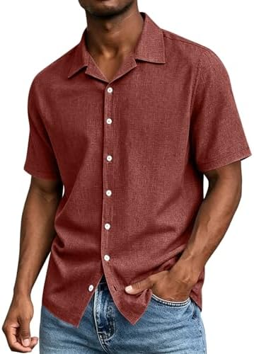 Short Sleeve Baggy Shirts for Men Button Down Plain Classic Lapel Blouse — view 2