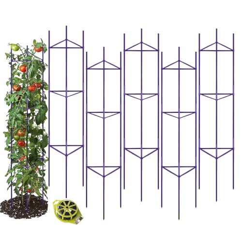 GROWNEER 6 Packs Tomato Cages for Garden, 51 Inches Tomato Trellis Plant Stakes Support, Plant Cage with 164Ft Twist Tie, for Vegetable Flowers Fruits Vertical Climbing Plants, Purple