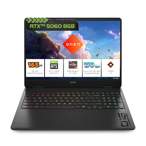 Image of HP Omen, AMD Ryzen AI 7 350, 8GB RTX 5060, 24GB DDR5(Upgradeable) 1TB SSD, 165Hz, 2k WUXGA, 3ms, 400 nits, 16'' /40.6cm, Win11, M365* Office24, Black, 2.44kg, ap0183AX, RGB, AI Gaming Laptop
