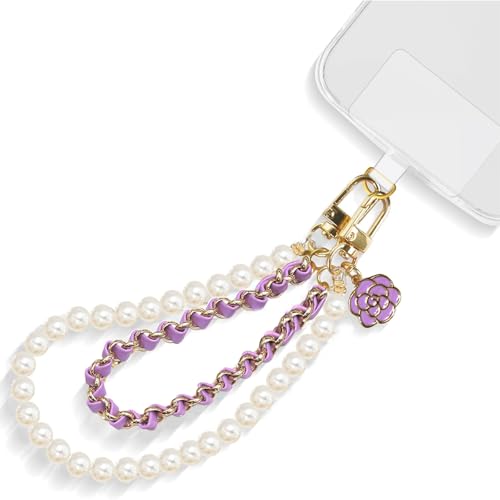 Mezrkuwr Bracelet de téléphone portable, perles blanches, en cuir, double chaîne, breloque pour téléphone portable, mains libres, chaîne de téléphone portable, lanière amovible pour téléphone portable