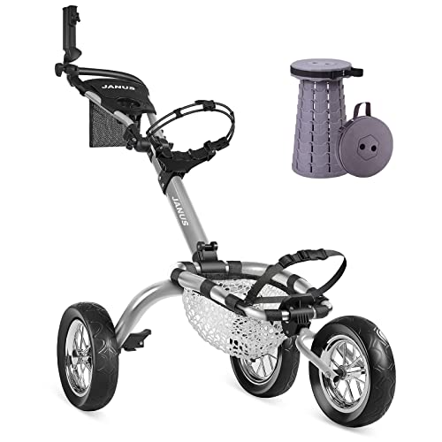 JANUS Golf Push cart,Foldable Golf Cart with Folding Stool,with Golf net for Golf Chipping & Golf Swinging & Carrying Golf Accessories,with Foot Brake & Umbrella Holder