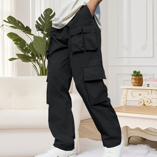 DESKABLY Mens Lightweight Cargo Pants Solid Color Casual Wide Leg Pants Fashion Elastic Waist Hiking Travel Trousers Pockets2