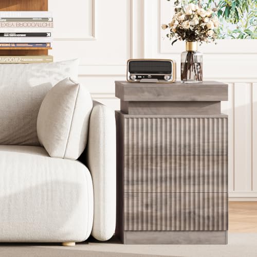 Image of Fluted LED Night Stand with Charging Station, Wood Grey