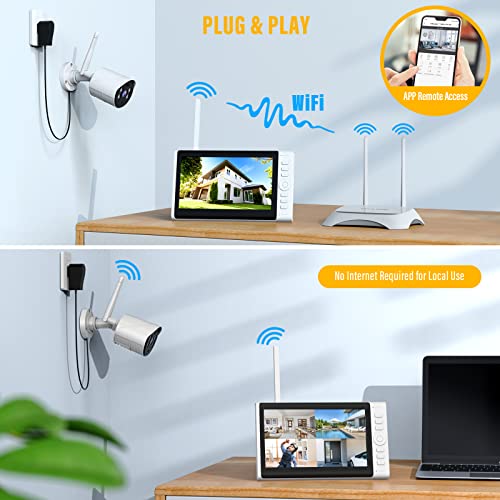 Camcamp Security Camera System Wireless Outdoor with 7\" Portable Monitor, 4Ch Rechargeable NVR with 2Pcs 2MP Home Security Cameras & 32GB SD Card, No WiFi Need, 2 Way Audio, IP66, APP Remote Access