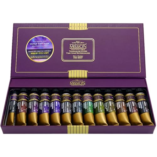Mijello Mission Tourmaline Hyper Two-Tone Watercolor Set 15ml Tubes 12 Colors Unique Granulation with Genuine Tourmaline Mineral Pigments for Art work & Craft_MGC-8012T