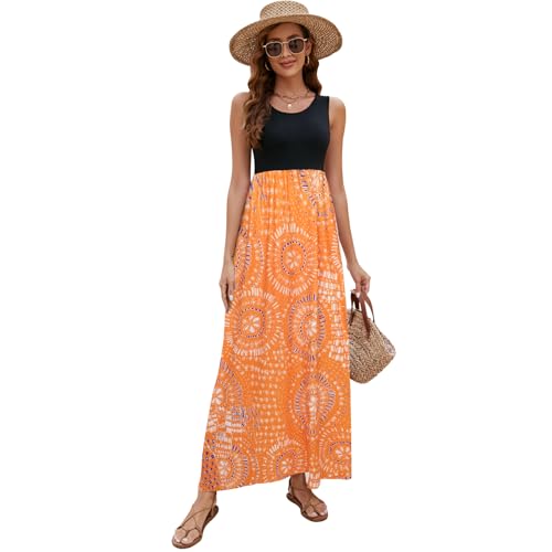 Image of Sherosa Women Boho Chevron Striped Floral Printed Summer Sleeveless Tank Long Maxi Party Dress