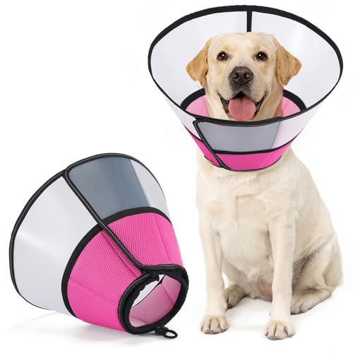 Avont ドッグ エリザベスカラー 犬用 猫用 術後ケア リカバリーカラー 中型 大型犬 調整可能 通気性 舐め防止 引っ掻き防止 傷口保護 -ピンク