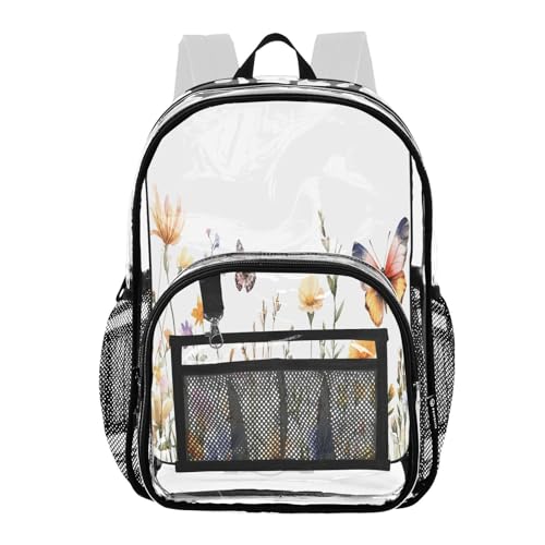 Wild Flowers and Butterflies Clear Backpack - Stadium Approved Large 15.7-inch Waterproof Transparent Bag for Sports, Concerts, Work, Travel#172