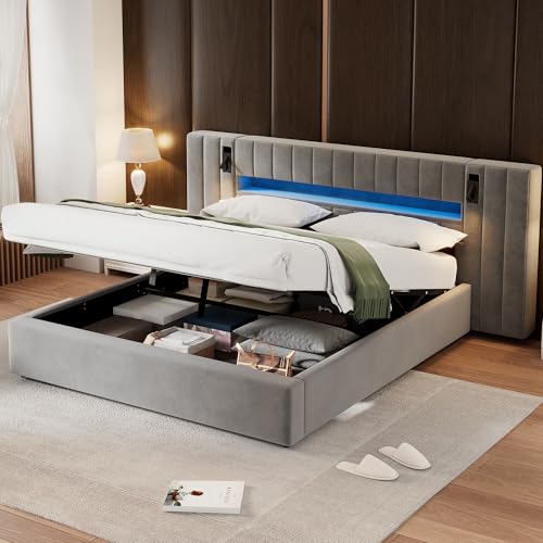 Cama tapizada con Puerto USB iluminación LED Cama Doble con lámpara de Noche Cama de almacenaje Caja de almacenaje para Adultos Adolescentes Cama de Invitados sin colchón Gris 180x200 cm