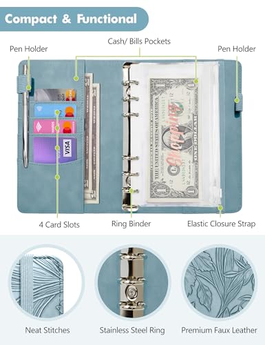 Image of A6 Budget Binder for Money Saving, Budget Planner, Money Organizer for Cash | with 8 Cash Envelopes, Budget Sheets & Rose Gold Category Stickers, PU Leather, Blue Embossed Floral