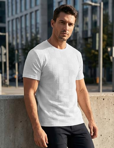 Image of JMIERR Mens T-Shirt Casual Stretch Solid Crewneck Short Sleeve Tees Textured Shirts