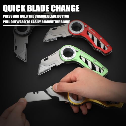 Image of Tondiamo 4 Pcs Folding Pocket Utility Knife Heavy Duty Box Cutter Folding Razor Knife with Anti Slip Finger Loop Easy Change Blades 3 Lock Positions Design (Yellow,Red,Black,Green)