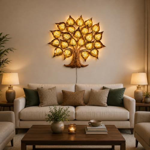 Image of Bharat Art Iron Jali Leaf Tree LED Metal Wall Art | Decorative Wall Hanging for Living Room Bedroom Hallway | Handmade Iron Leaf Tree Sculpture | Modern Home Office Decoration | 30 x 2 x 30 Inch | W194