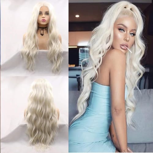 xiweiya Wigs Platinum Blonde Lace Front Wigs Synthetic Loose Wavy Wigs For White Women Middle Part Long Curly Wigs Daenerys Cosplay Wig Heat Resistant Hair for Women Drag Queen 26inch