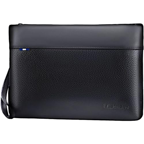 Leathario Bolso de Mano para Hombre en Piel Auténtica, Bolso Pequeño con Correa de la Muñeca de Cuero, Gran Capacidad con Ranura para Tarjeta para Oficina Trabajo Conferencias Viajes