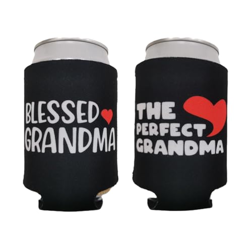 Tainada Neoprene Beer Beverage Drink Can Coolie Cooler Insulators (2 pcs, Double Sided Printing) with One Absorbent Coaster, Great Mother’s Day Gift/Birthday Present (Blessed Grandma)