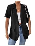MakeMeChic Women's Short Sleeve Work Blazer Lapel Collar Button Down Lightweight Jacket Black Medium