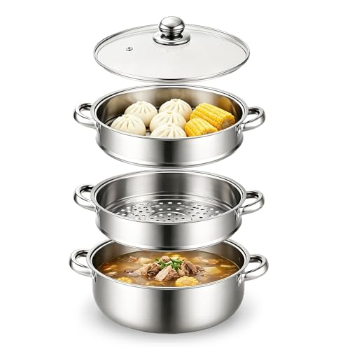 BOYIFEIJIE 28 cm Dampftopf-Topf mit Dampfgareinsatz 3/4-Regalkocher mit Deckel Edelstahltopf Nudeltopf mit Sieb zum Kochen von Gemüse Meeresfrüchten Suppen Eintöpfen und Nudeln (Drei)