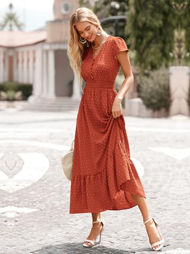 Image of PRETTYGARDEN Womens Dresses 2026 Summer Maxi Dress Boho Short Sleeve V Neck Swiss Dot Ruffle Tiered Smocked Flowy Long Dress