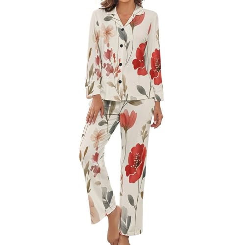 Pyjama grande taille pour femme avec haut boutonné à fleurs aquarelles