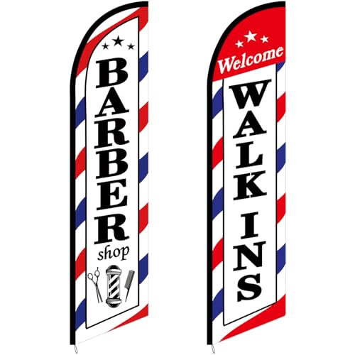 SmoothNovelty 2 Pcs Barber Flag for Outside Barbershop Themed Swooper Flag Open Feather Barber Sign Welcome Banner for Salon Business Outdoor Advertising Outside(NOT INCLUDE POLE KIT)(8.2×2.1 ft)