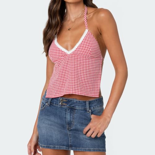 Women Plaid Backless Crop Top Y2k Lace Trim Open Back Tie-Up Spaghetti Strap Tank Top Summer Gingham Going Out Top2