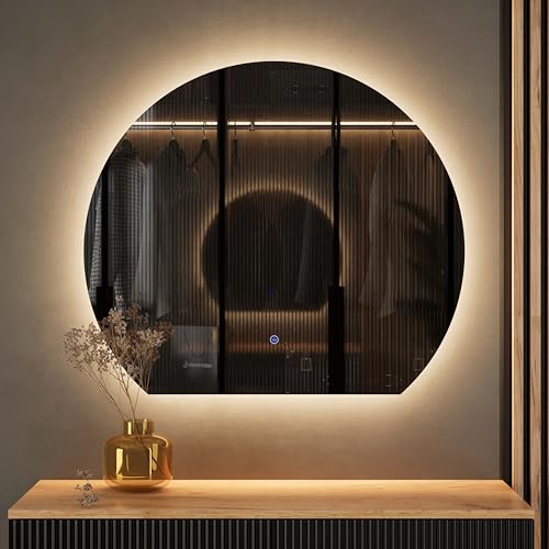 Planetmöbel Aube Spiegel mit Beleuchtung halbrund Bogenspiegel Spiegel mit LED-Licht Dekorativer Wandspiegel gerade Unterkante Dimm-Funktion 4200k neutralweißes Licht 80 x 70 cm