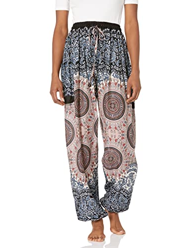 Lannaclothesdesign Women's Boho Drawstring Smocked Waist Rayon Harem Yoga Pants Black White