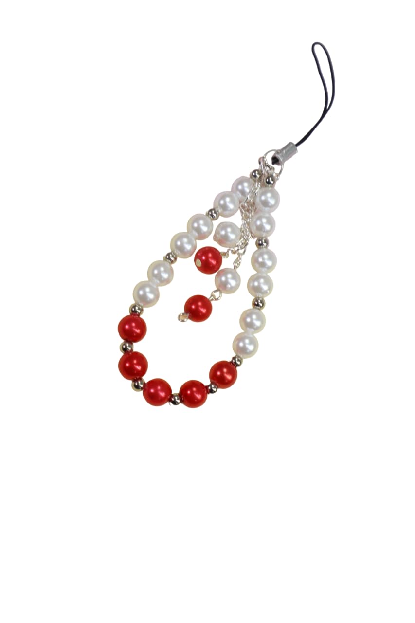 kamule Elegant Shiny Red & white Beaded Chain Phone Charm- Silver-image-46