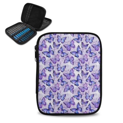Image of Purple Butterfly Crochet Hook Case PortableKnitting Needle Organizer with Web Pockets Crochet Hook Organizer for Crochet Hooks, Knitting Needles,Knitting Crochet Supplies