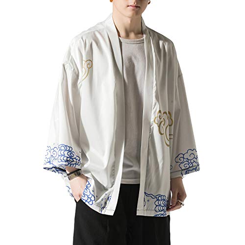Image of Men's Japanese Kimono Robe Jacket Lightweight 3 /4 Sleeve Open Front Yukata | Silky Smooth Fashion Print Happi Coat Lightweight Breathable Loose Unisex Haori Casual Summer Cardigan Daily Beach Vacation