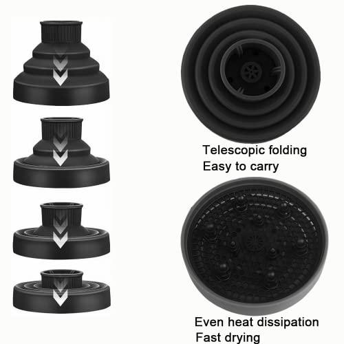 YUNAI Diffusore per Asciugacapelli in Silicone Pieghevole, Diffusore per Asciugacapelli Facile da Conservare per la Protezione dei Capelli e da Viaggio,Adatto a Diametro dell'ugello da 4cm a 5cm(Nero)