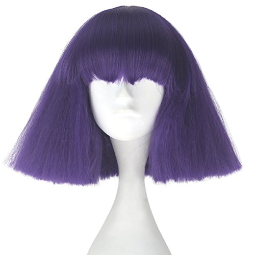 iCos Short Kinky Straight Hair Fluffy Bob Wig with Bangs Punk Halloween Cosplay Costume Wig (Purple)