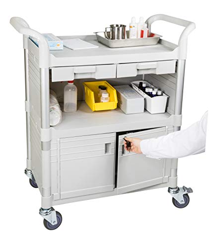 JaboEquip, 3 Shelf Heavy Duty Lockable Medical cart with Drawers, Hospital cart Utility Cart 606 lbs for Medical, L34.43xD19.69 inch, Off-White (Light Grey) Color