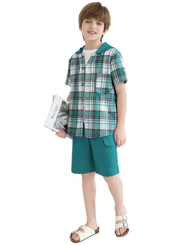 Image of Boys Clothes Shorts Sets Plaid Short Sleeve Hooded Button Shirt and Jogger Shorts for Kids Summer Outfits