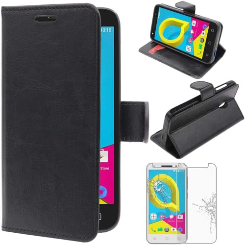 ebestStar - Funda Compatible con Alcatel U5 Carcasa Cartera Cuero PU, Funda Billetera Ranuras Tarjeta, Función Soporte, Negro +Cristal Templado Pantalla [Aparato: 140.7 x 71.8 x 10mm, 5.0'']