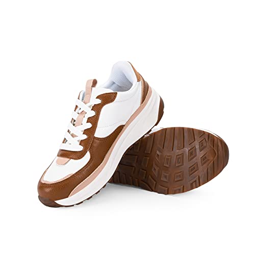 Womens Lace Up Platform Sneakers Retro Colorblock Faux Leather Suede Splicing Comfortable Non Slip Athletic Walking Shoe Brown #TOP27