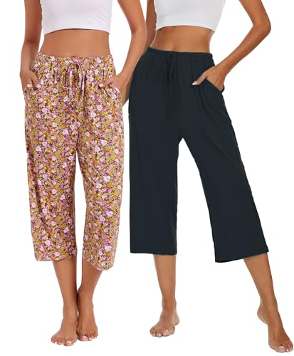 Image of Kabento 2 Pack Womens Pajama Pants Capri Sleep Lounge Pants Drawstring Pj Bottoms with Pockets